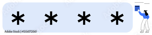 Password field with concealed text using asterisks, person updating credentials with action of entering or resetting. Ideal for security, privacy, online safety, user authentication, login