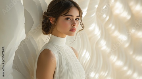 A young woman gazes thoughtfully in a stylish white outfit, positioned beside a softly illuminated textured wall. The tranquil indoor setting enhances her calm demeanor.