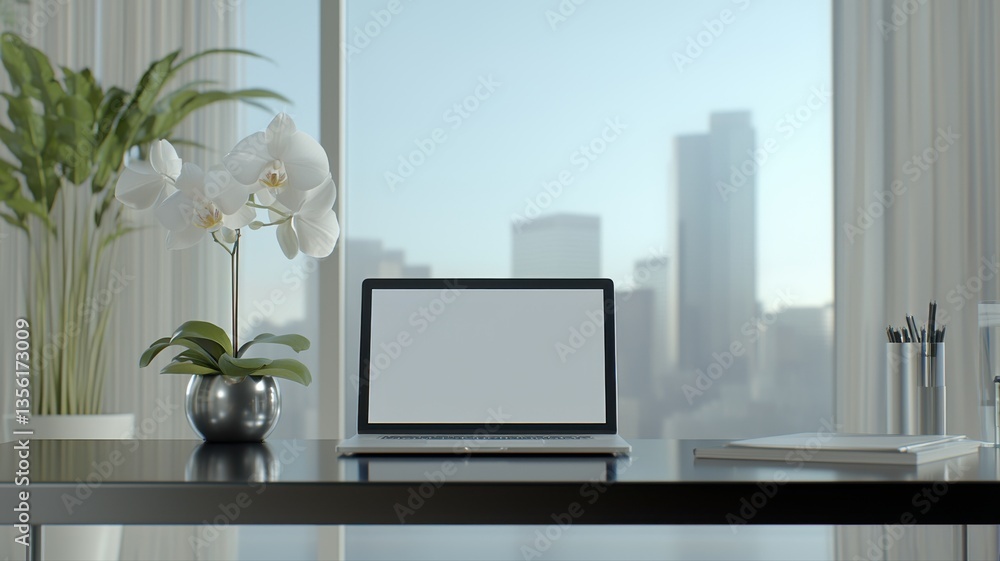 Minimalist workspace with a laptop and a potted orchid, overlooking a cityscape view through large windows. Minimalist workspace with a laptop and a potted orchid, overlooking a cityscape view through large windows.