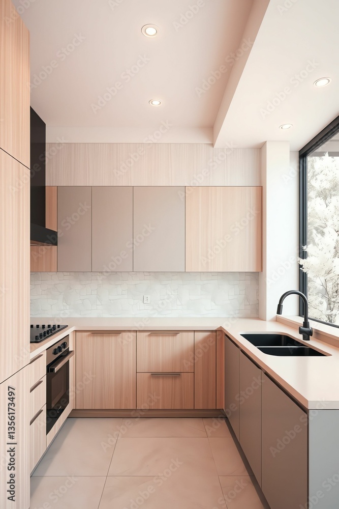 Modern U-Shaped Kitchen with Light Wood Cabinets and Gray Accents, Black Sink, White Countertops, and Natural Light from Large Window Modern U-Shaped Kitchen with Light Wood Cabinets and Gray Accents, Black Sink, White Countertops, and Natural Light from Large Window
