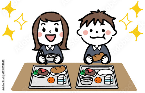 給食を食べる元気な元気な子供たちのイラスト