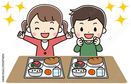 給食を食べる元気な元気な子供たちのイラスト