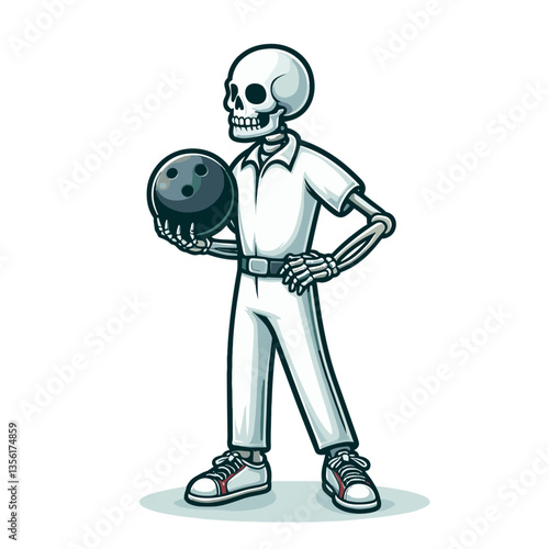 Bowler skeleton in white outfit with bowling ball. Ideal for bowling alleys, sports events or recreational Halloween-themed promotional graphics.
