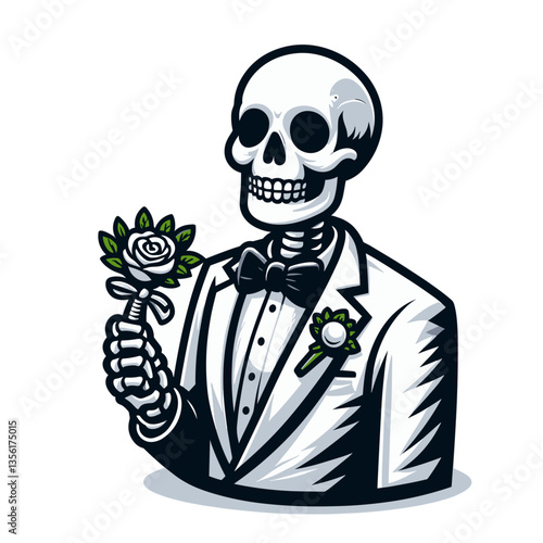 Elegant skeleton groom in white tuxedo with rose. Ideal for wedding stationery, formal events or sophisticated Halloween promotional materials.