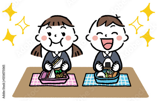 お弁当を食べる元気な子供たちのイラスト