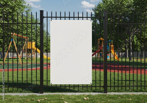 Blank White Advertising Banner Mockup on Chain-Link Fence at Outdoor Sports Court