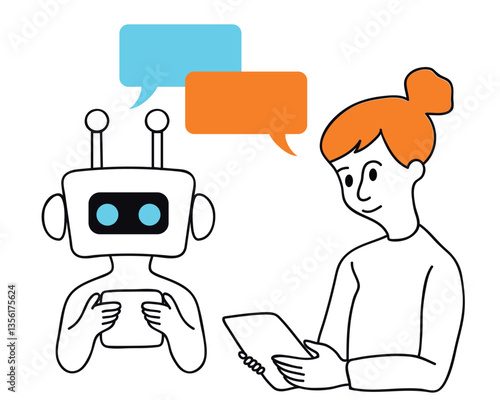 Business woman communicate with chatbot, chat bot chat with artificial intelligence technology. Simple cartoon vector illustration, technology concept.