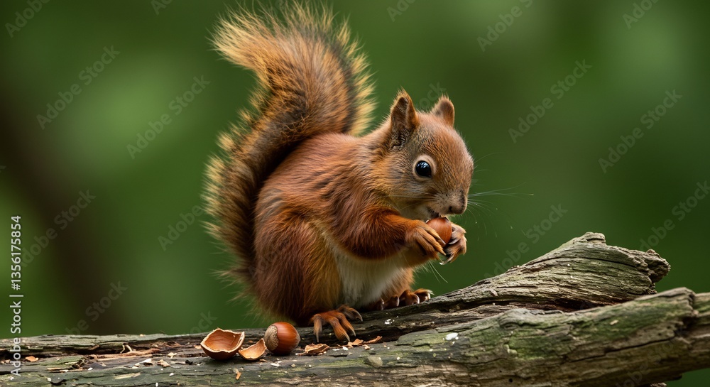 Fototapeta premium Adorable Red Squirrel Enjoying Nut Soft Light. AI Generated