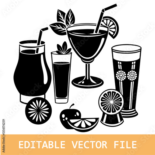 vector cocktail. Glass collection. drinks silhouette. Drink Fruit Juice icons