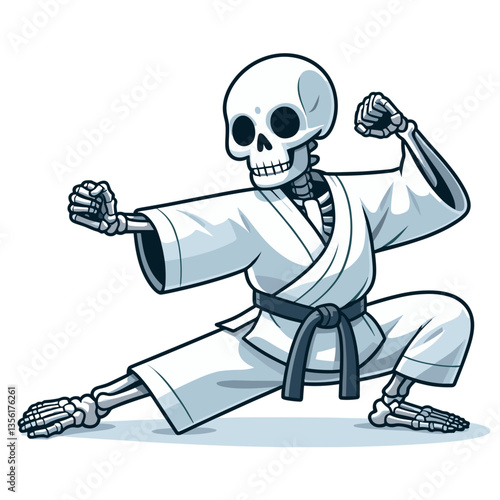Cartoon skeleton in karate pose wearing white gi. Ideal for martial arts humor or fitness with a macabre twist.