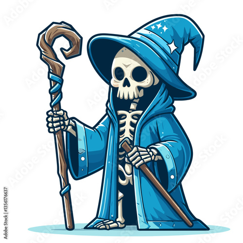Cartoon skeleton wizard in blue robe holding magic staff. Perfect for fantasy gaming or mystical death themes.