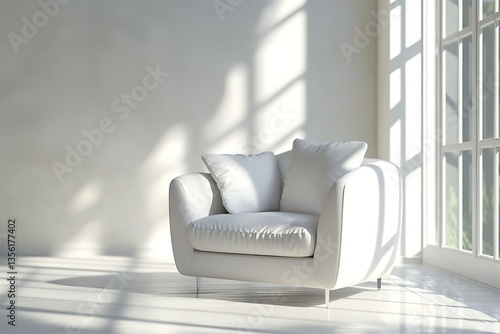 Simple living room white armchair home interior scandinavian design, clean modern home design background, 3d rendering