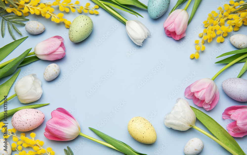 Easter eggs and tulips forming a frame on light blue background