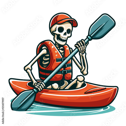 Cartoon skeleton paddling in kayak with orange life vest. Perfect for adventure sports graphics or Halloween-themed outdoor activity promotions.