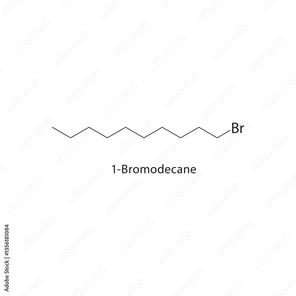 1-Bromodecane skeletal structure. Brominated Alkane compound schematic illustration. Simple diagram, chemical formula. 1-Bromodecane skeletal structure. Brominated Alkane compound schematic illustration. Simple diagram, chemical formula.