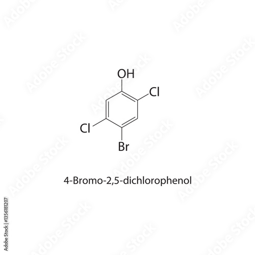 4-Bromo-2,5-dichlorophenol skeletal structure. Brominated Phenol compound schematic illustration. Simple diagram, chemical formula.