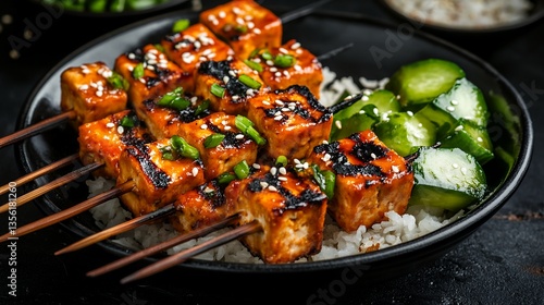 tofu satay on skewers with spicy peanut dip