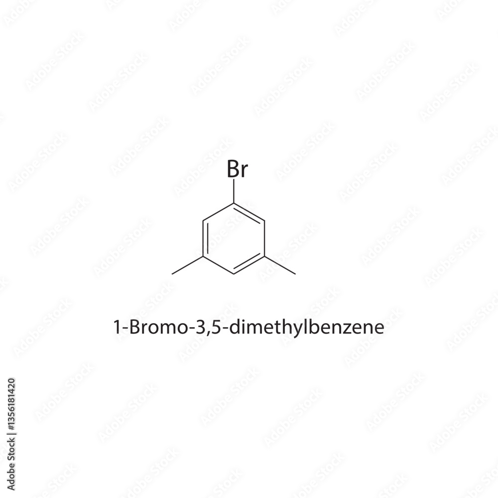 Fototapeta premium 1-Bromo-3,5-dimethylbenzene skeletal structure. Brominated Alkylbenzene compound schematic illustration. Simple diagram, chemical formula.