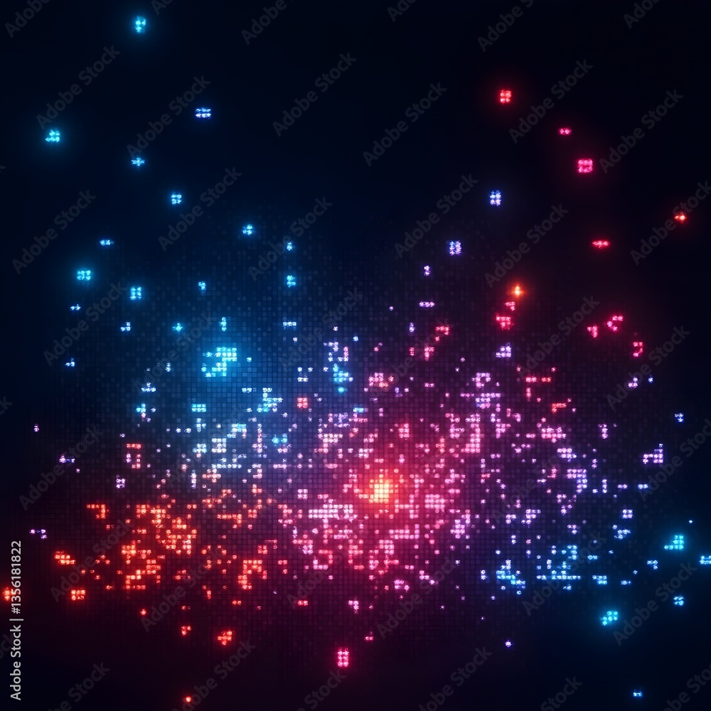 Fototapeta premium A stunning arrangement of cubist pixel blocks, emitting bright neon colors of electric blue, hot orange, and hot pink, spread across a deep, mysterious dark background.