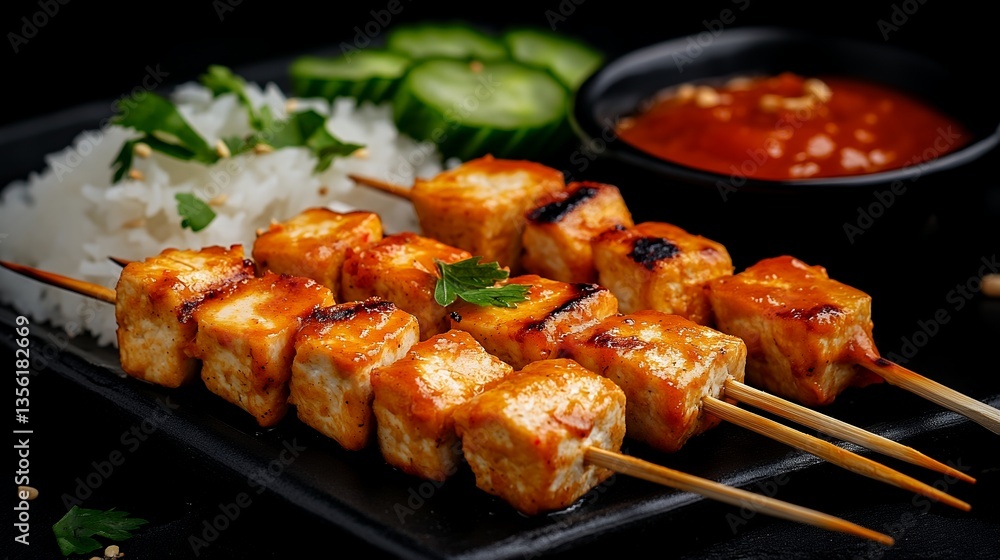 tofu satay skewers in spicy glaze tofu satay skewers in spicy glaze