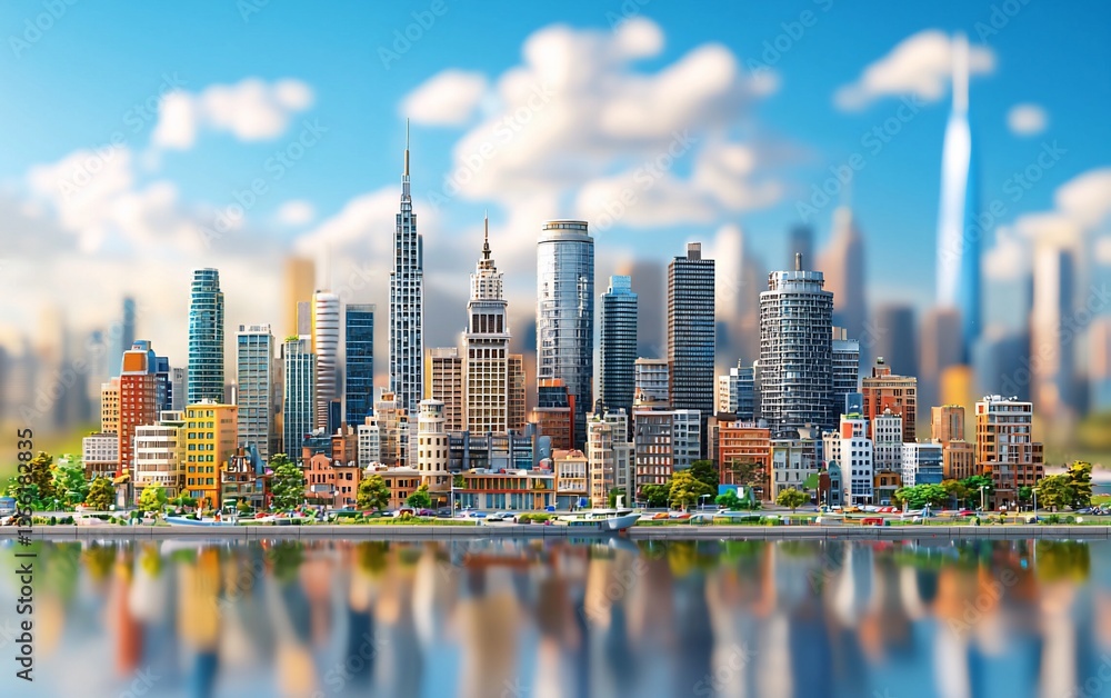 Obraz premium Vibrant NYC Skyline Reflection with Sunny Day.