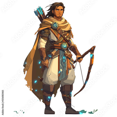 Archer character with bow and arrow wearing cape and tunic in a fantasy style