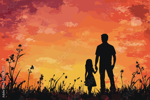 Father and little daughter playing silhouettes, Father playing with daughter on sunset, Silhouette of a little girl and dad sunset background. silhouette of father playing with his baby. 