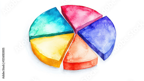 colorful watercolor pie chart with five segments in blue, red, purple, yellow, and green, representing different data categories. vibrant design is visually engaging