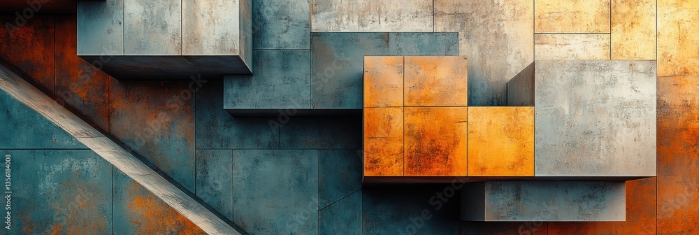Abstract geometric design with textured blocks in blue and orange hues showcasing modern artistry and architectural inspiration for creative projects Abstract geometric design with textured blocks in blue and orange hues showcasing modern artistry and architectural inspiration for creative projects