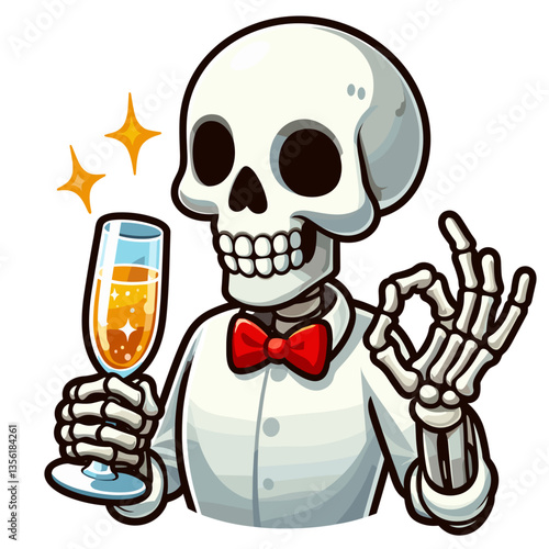Elegant skeleton waiter with bow tie making OK gesture while holding champagne. Perfect for upscale event service humor or Halloween party illustrations.