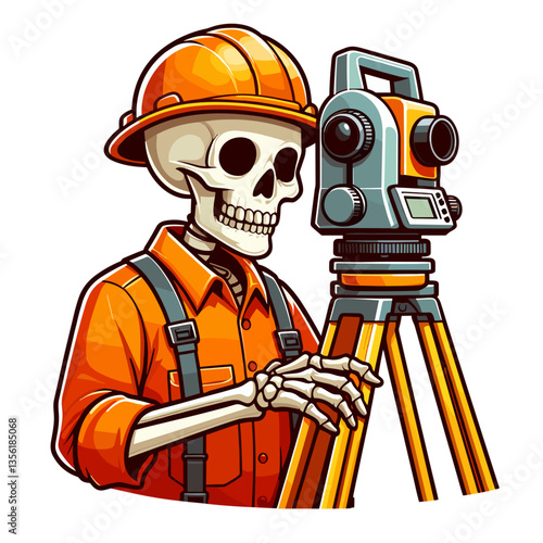 Skeleton surveyor with theodolite in orange uniform, ideal for construction planning or land development projects
