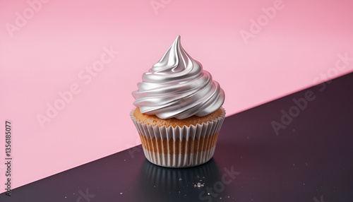 cupcake with Shiny silver Cream topping set against bold contrast
