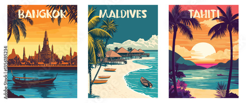 Tropical Vacation Destinations: Bangkok, Maldives, Tahiti Travel Posters