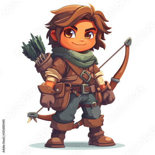 A cartoon archer with a bow and arrow standing in a heroic pose smiling wide