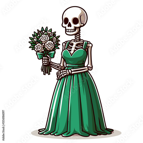 Skeleton bridesmaid in elegant green dress with bouquet, perfect for wedding planning or bridal shop advertising