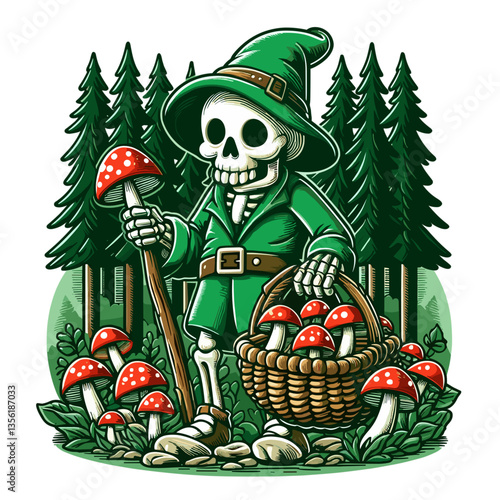 Skeleton forager collecting mushrooms in forest setting, ideal for nature exploration or mycology education