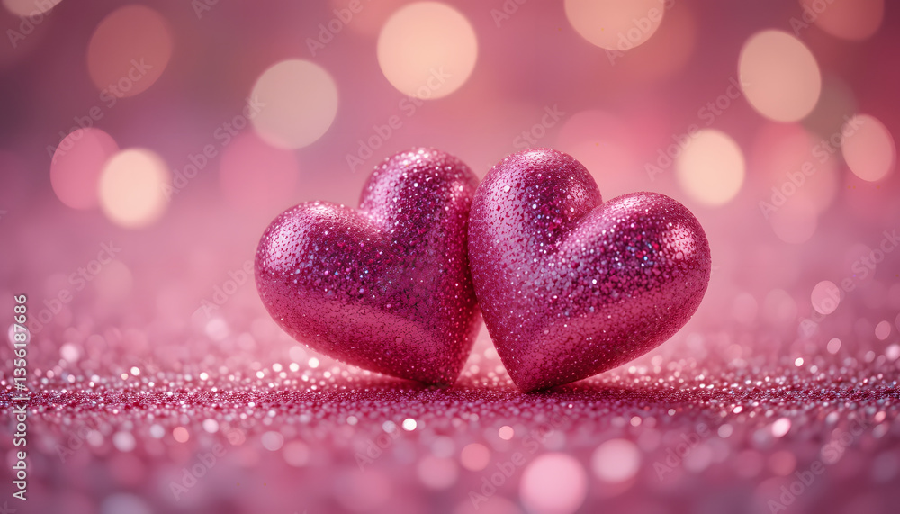 Obraz premium Two pink glitter hearts positioned closely on a glittery surface