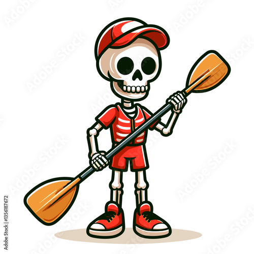 Sporty skeleton rower with paddle in red outfit. Great for water sports event promotions or canoe club membership recruitment materials.
