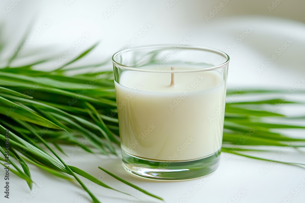 Scented candle with green grass on a white surface. Possible use product photography, lifestyle blog Scented candle with green grass on a white surface. Possible use product photography, lifestyle blog