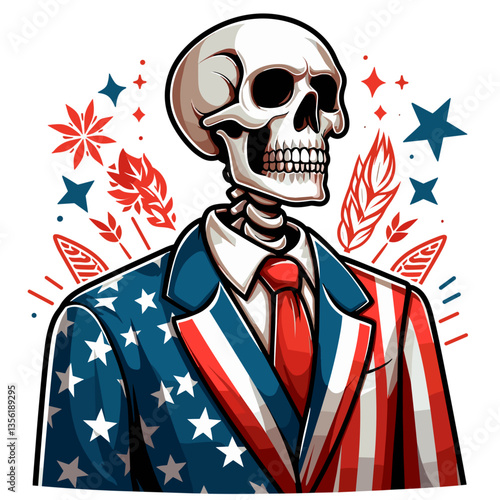 Patriotic skeleton politician in American flag suit. Great for political satire illustrations or election campaign concept graphics with edge.