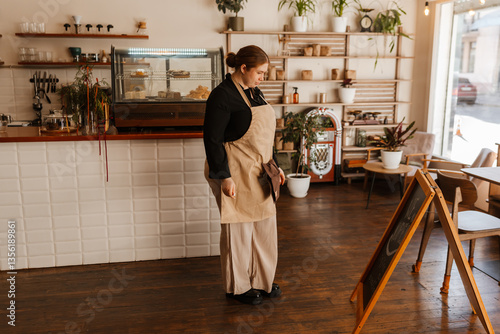 Canvas Print A young, overweight White female cafe owner in her late 20s, who is wearing a be