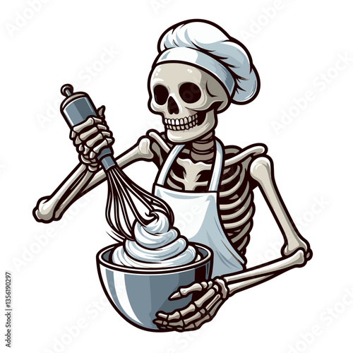 Skeleton pastry chef with whisk and mixing bowl wearing white hat. Ideal for bakery business, cooking classes or culinary-themed Halloween materials.