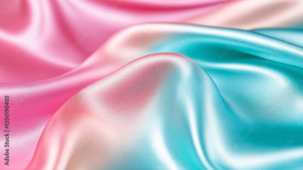 Obraz premium Smooth pastel satin fabric in pink and aqua forms gentle waves, creating an elegant abstract background with a luxurious and fluid texture