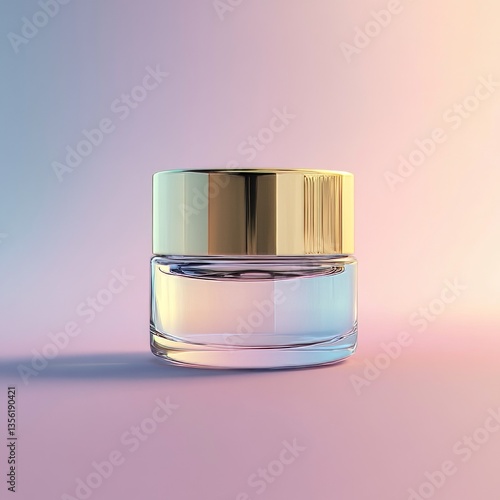small glass jar of face cream, golden lid, glowing softly under pastel-colored studio light, elegant and luxurious minimalist vibe
