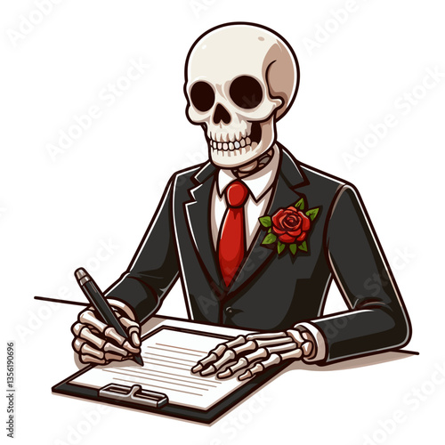 Business skeleton in black suit signing document with red flower. Ideal for legal services, contract preparation or formal business-themed Halloween content.