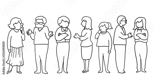 いろいろな人々が話し合ったり疑問を持っている線画イラスト