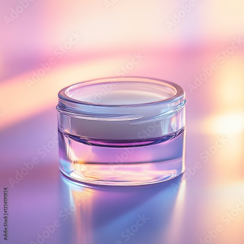 small transparent jar of face cream with a creamy white interior, soft pastel backdrop, and glowing light reflections, serene and fresh vibe