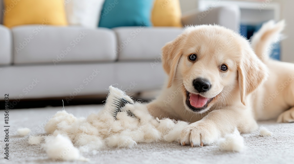 Playful golden retriever puppy lying on the carpet with a grooming brush and loose fur scattered around, highlighting the shedding and grooming process in a cozy living room setting Playful golden retriever puppy lying on the carpet with a grooming brush and loose fur scattered around, highlighting the shedding and grooming process in a cozy living room setting