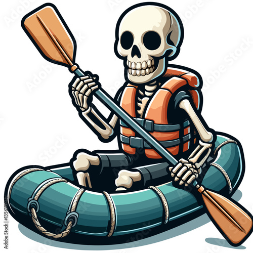 Skeleton rafter paddling inflatable boat on water. Ideal for river adventure tourism, water sports or outdoor-themed Halloween promotional content.
