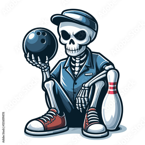 Cartoon skeleton bowler in blue outfit holding bowling ball and pin. Perfect for sports humor or entertainment concepts with macabre twist.